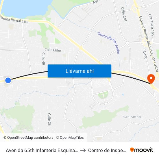 Avenida 65th Infanteria Esquina Calle 2 to Centro de Inspección map