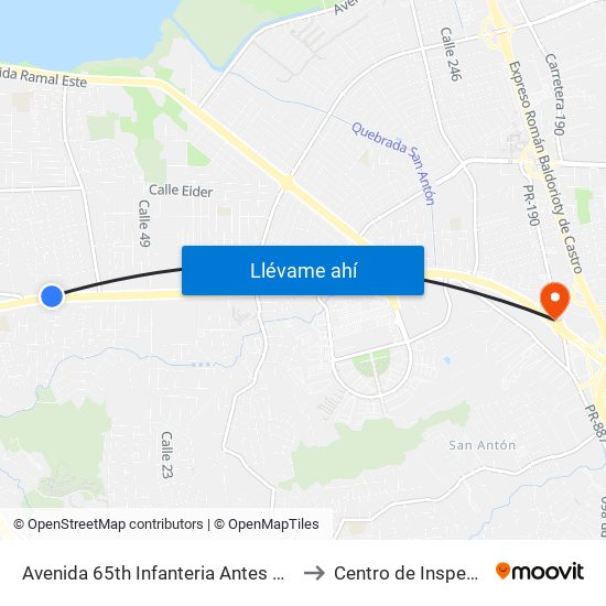 Avenida 65th Infanteria Antes Calle 7a to Centro de Inspección map