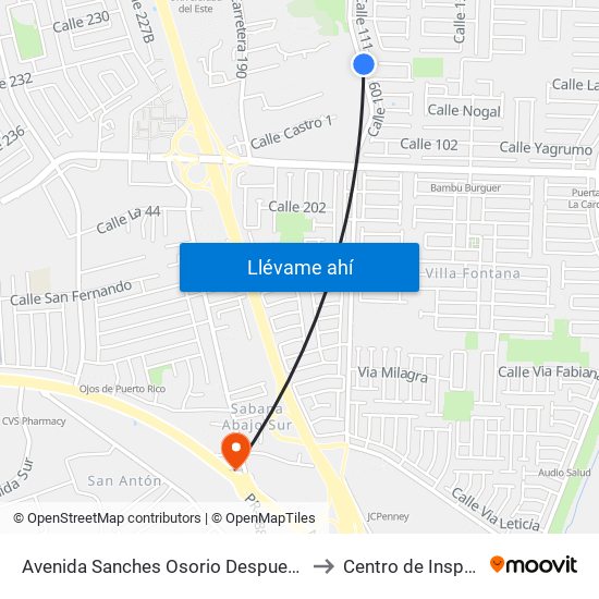 Avenida Sanches Osorio Despues Calle 120 to Centro de Inspección map
