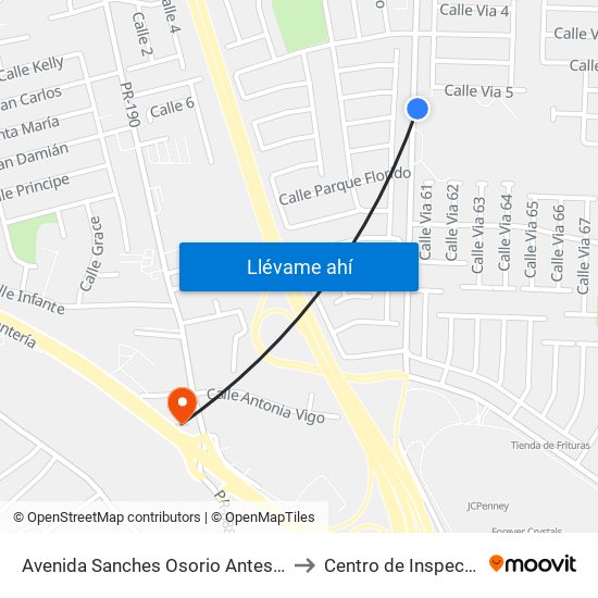 Avenida Sanches Osorio Antes Via 4 to Centro de Inspección map
