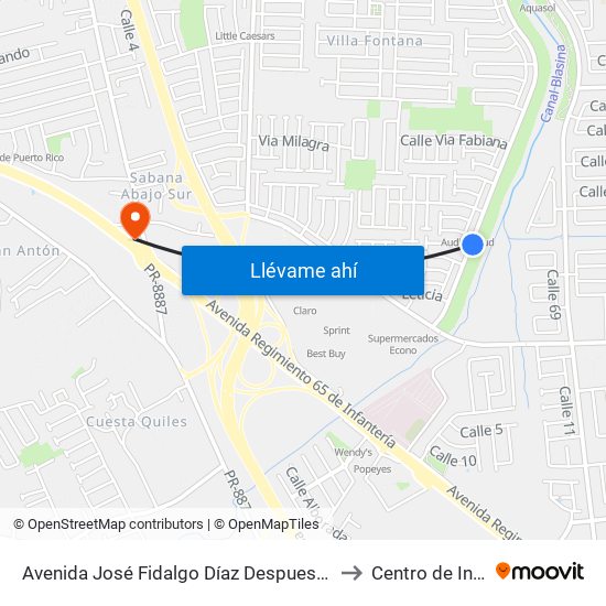 Avenida José Fidalgo Díaz Despues Lado Opuesto Vía 44 to Centro de Inspección map