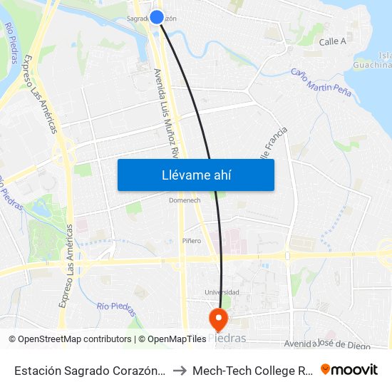 Estación Sagrado Corazón (Descenso) to Mech-Tech College Rio Piedras map