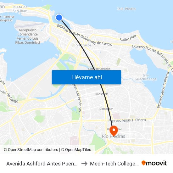 Avenida Ashford Antes Puente Los Hermanos to Mech-Tech College Rio Piedras map