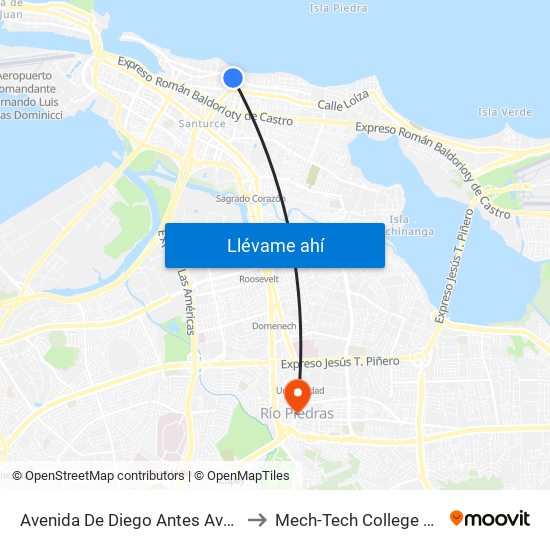 Avenida De Diego Antes Avenida Ashford to Mech-Tech College Rio Piedras map