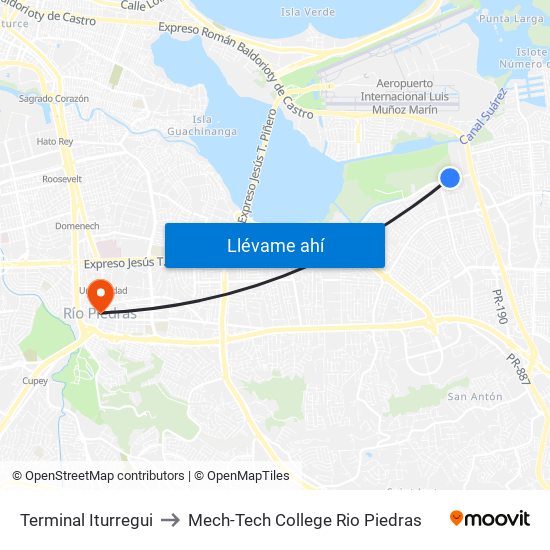 Terminal Iturregui to Mech-Tech College Rio Piedras map