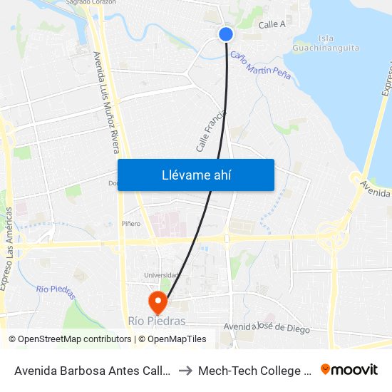 Avenida Barbosa Antes Calle Constitucion to Mech-Tech College Rio Piedras map