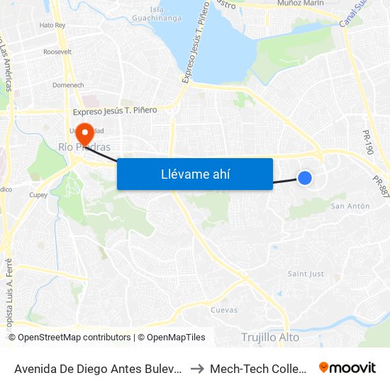 Avenida De Diego Antes Bulevard De La Media Luna to Mech-Tech College Rio Piedras map