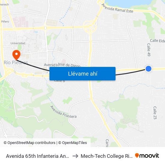 Avenida 65th Infanteria Antes Calle 47 to Mech-Tech College Rio Piedras map