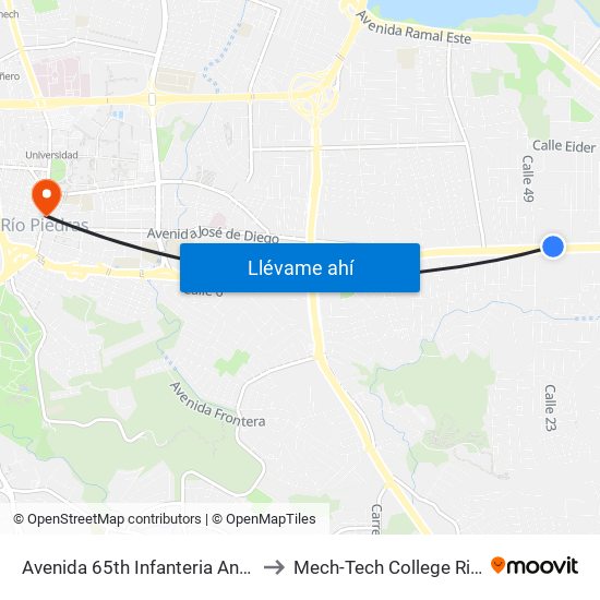 Avenida 65th Infanteria Antes Calle 49 to Mech-Tech College Rio Piedras map