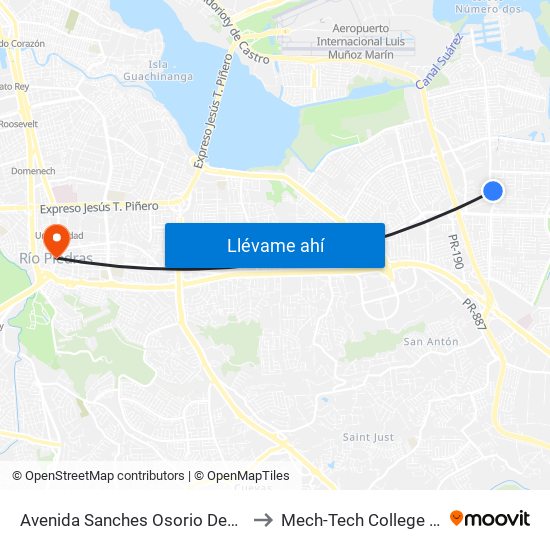 Avenida Sanches Osorio Despues Calle 120 to Mech-Tech College Rio Piedras map