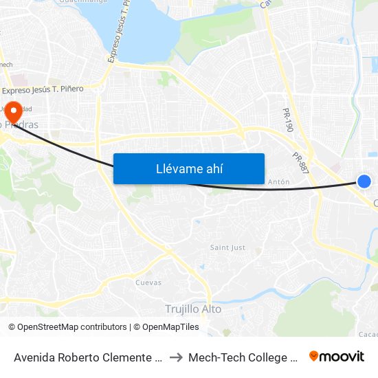 Avenida Roberto Clemente Antes Calle 4 to Mech-Tech College Rio Piedras map