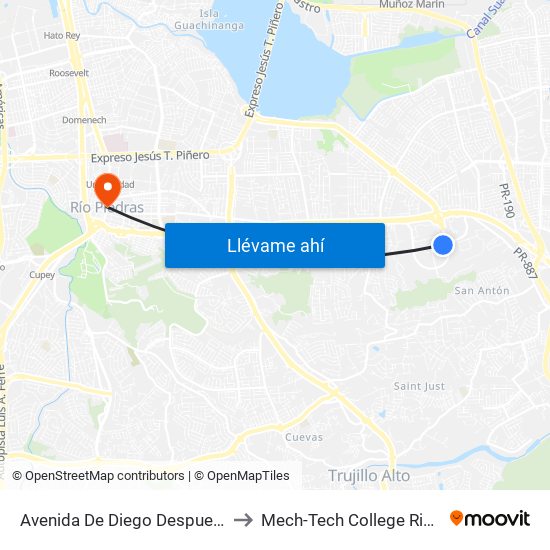Avenida De Diego Despues Ramal 8 to Mech-Tech College Rio Piedras map