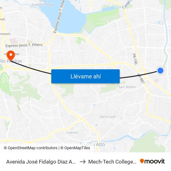 Avenida José Fidalgo Díaz Antes Calle Vía 45 to Mech-Tech College Rio Piedras map
