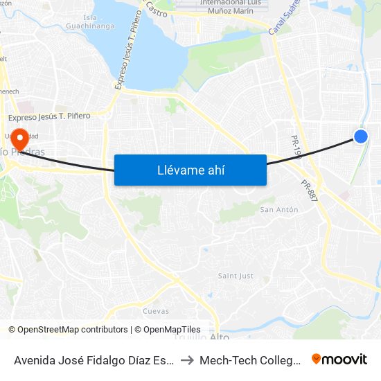 Avenida José Fidalgo Díaz Esquina Calle Vía 24 to Mech-Tech College Rio Piedras map