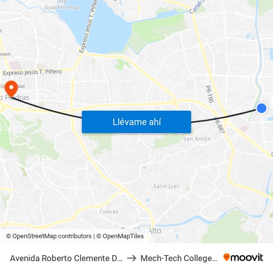 Avenida Roberto Clemente Despues Calle 73 to Mech-Tech College Rio Piedras map