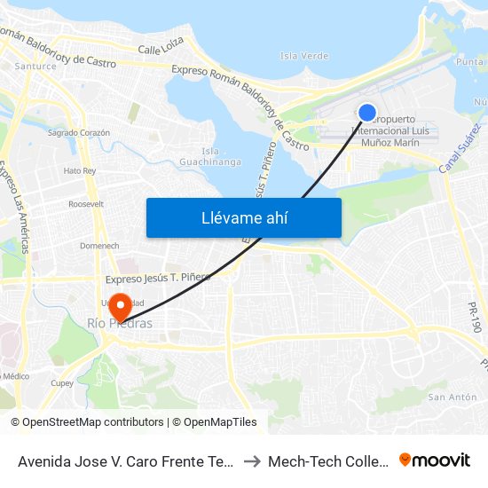 Avenida Jose V. Caro Frente Terminal American Airlines to Mech-Tech College Rio Piedras map