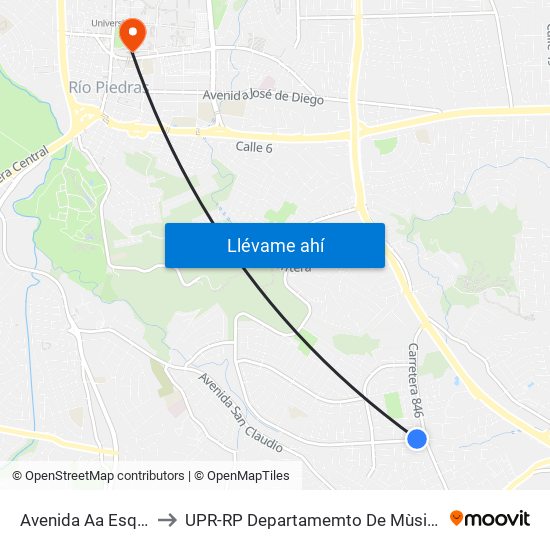 Avenida Aa Esquina Calle 5 to UPR-RP Departamemto De Mùsica Edif. Agustin Stahl map