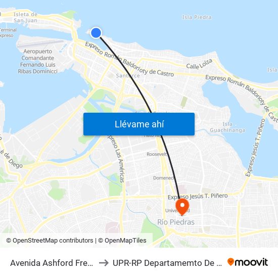 Avenida Ashford Frente Estacionamiento to UPR-RP Departamemto De Mùsica Edif. Agustin Stahl map