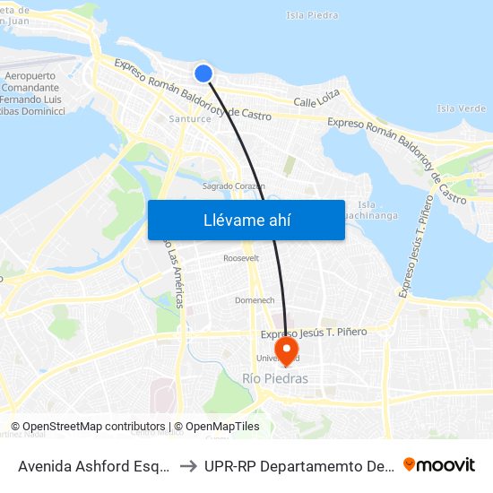 Avenida Ashford Esquina Calle Washington to UPR-RP Departamemto De Mùsica Edif. Agustin Stahl map