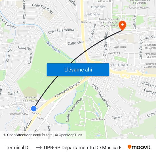 Terminal De Cupey to UPR-RP Departamemto De Mùsica Edif. Agustin Stahl map