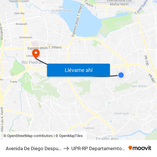 Avenida De Diego Despues Bulevard De La Media Luna to UPR-RP Departamemto De Mùsica Edif. Agustin Stahl map