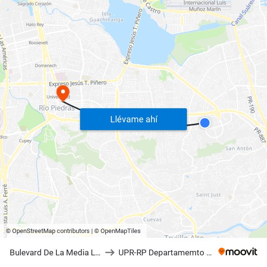 Bulevard De La Media Luna Frente A Banco Popular to UPR-RP Departamemto De Mùsica Edif. Agustin Stahl map