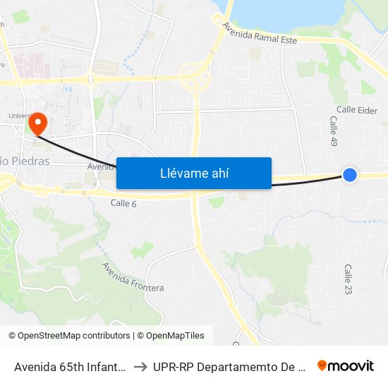 Avenida 65th Infanteria Antes Calle 49 to UPR-RP Departamemto De Mùsica Edif. Agustin Stahl map