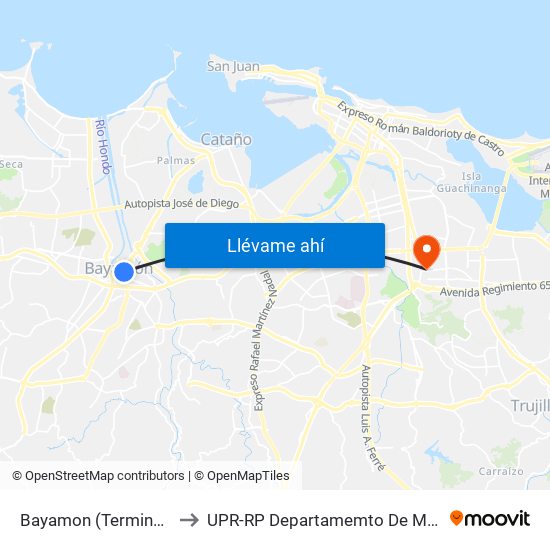 Bayamon (Terminal Metro Urbano) to UPR-RP Departamemto De Mùsica Edif. Agustin Stahl map