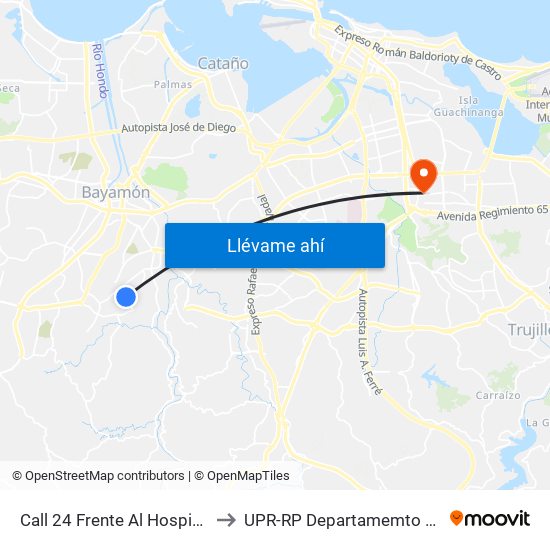 Call 24 Frente Al Hospital Regional (Lado Opuesto) to UPR-RP Departamemto De Mùsica Edif. Agustin Stahl map