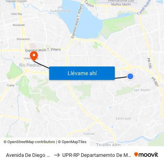 Avenida De Diego Despues Ramal 8 to UPR-RP Departamemto De Mùsica Edif. Agustin Stahl map