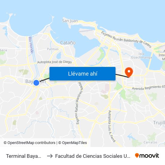Terminal Bayamón to Facultad de Ciencias Sociales UPRRP map