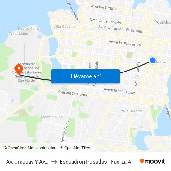 Av. Uruguay Y Av. Cabred to Escuadrón Posadas - Fuerza Aérea Argentina map