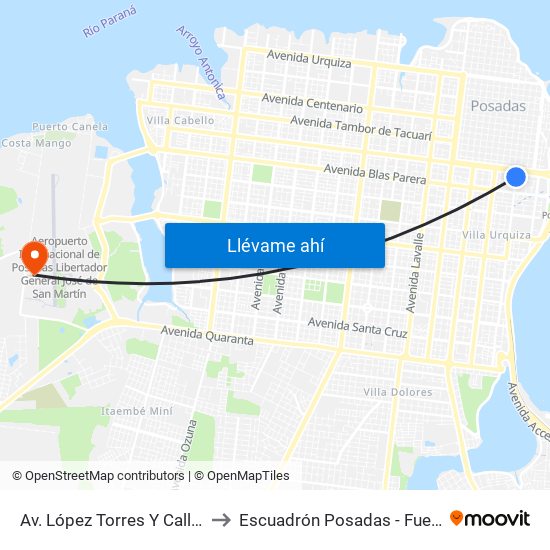 Av. López Torres Y Calle Vicente Casares to Escuadrón Posadas - Fuerza Aérea Argentina map