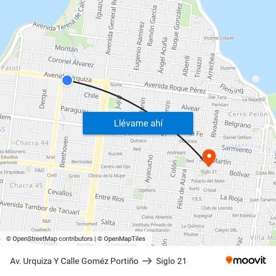 Av. Urquiza Y Calle Goméz Portiño to Siglo 21 map