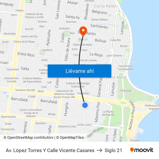 Av. López Torres Y Calle Vicente Casares to Siglo 21 map