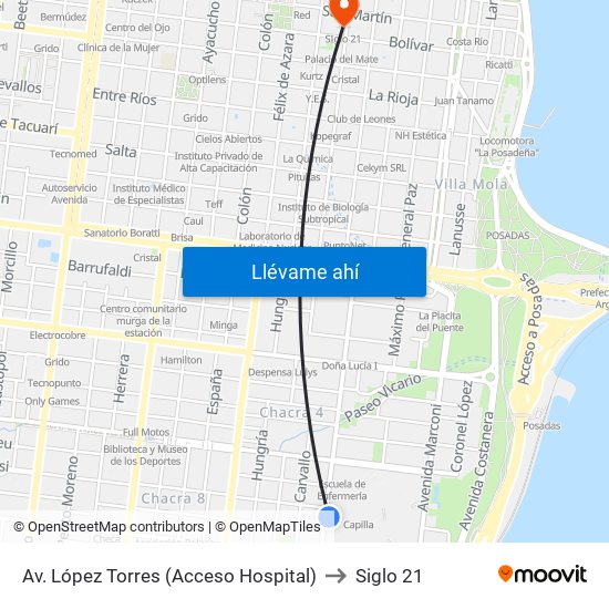 Av. López Torres (Acceso Hospital) to Siglo 21 map