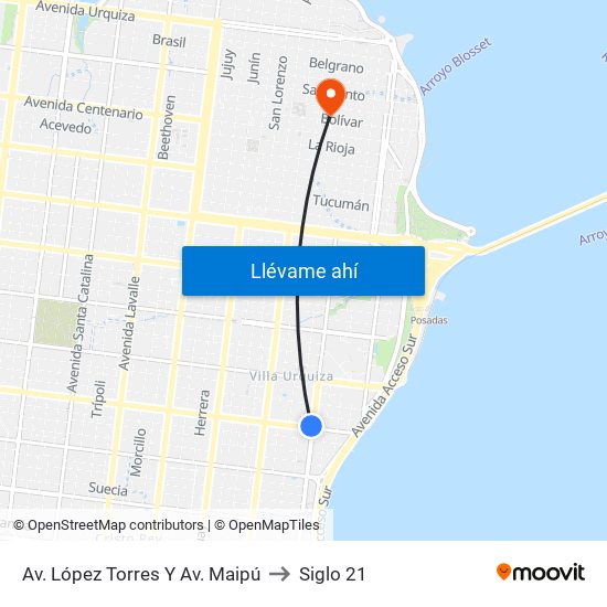 Av. López Torres Y Av. Maipú to Siglo 21 map