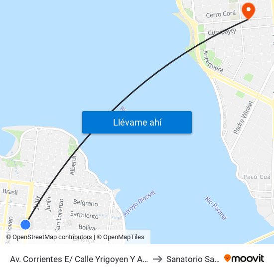 Av. Corrientes E/ Calle Yrigoyen Y Av. Centenario to Sanatorio San Luis map