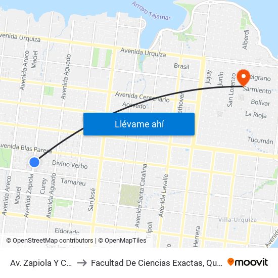 Av. Zapiola Y Calle Verbo to Facultad De Ciencias Exactas, Químicas Y Naturales map