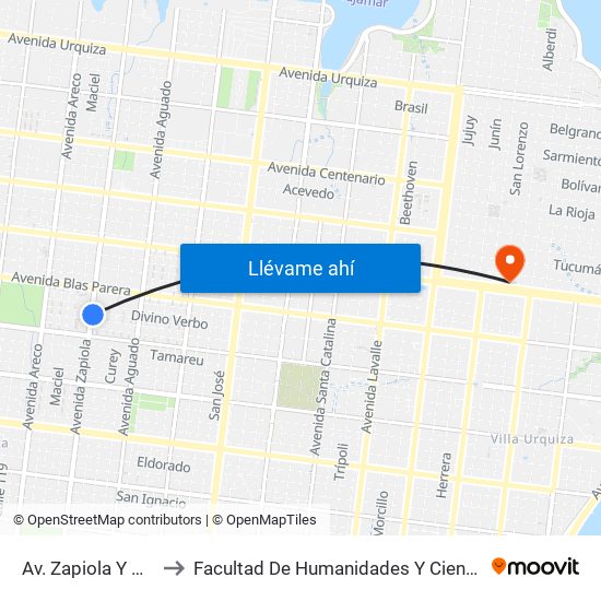 Av. Zapiola Y Calle Verbo to Facultad De Humanidades Y Ciencias Sociales - Anexo map