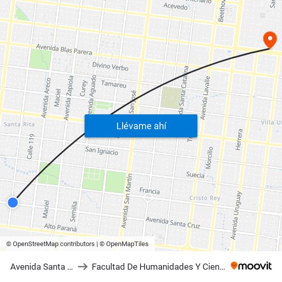 Avenida Santa Cruz, 6124 to Facultad De Humanidades Y Ciencias Sociales - Anexo map