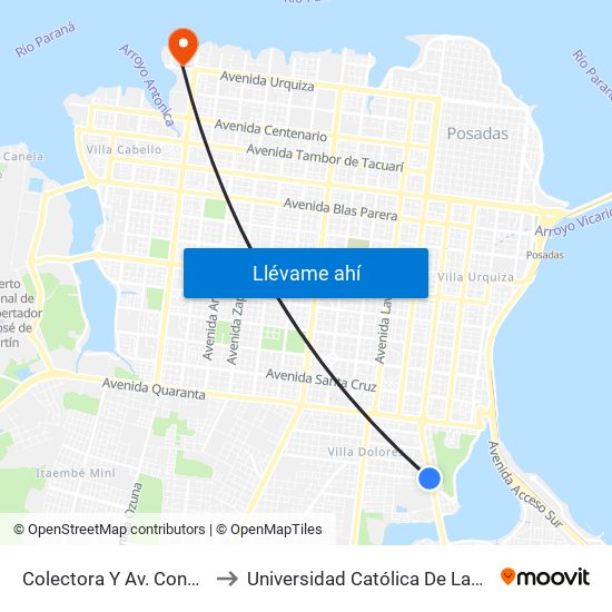 Colectora Y Av. Constitución to Universidad Católica De Las Misiones map