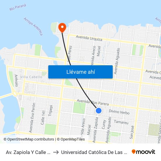 Av. Zapiola Y Calle Verbo to Universidad Católica De Las Misiones map