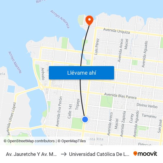 Av. Jauretche Y Av. Martin Fierro to Universidad Católica De Las Misiones map