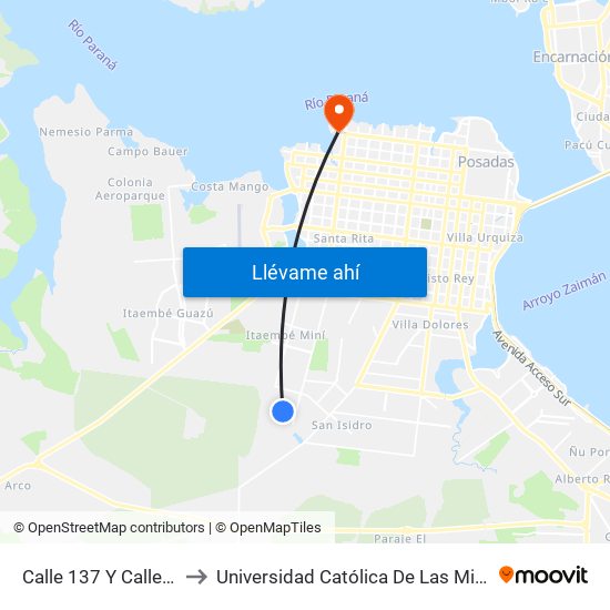 Calle 137 Y Calle 216 to Universidad Católica De Las Misiones map