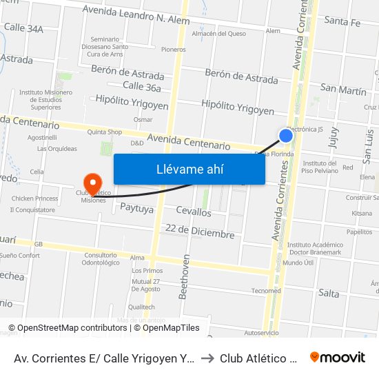 Av. Corrientes E/ Calle Yrigoyen Y Av. Centenario to Club Atlético Misiones map