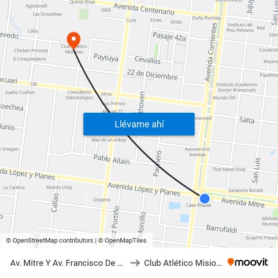 Av. Mitre Y Av. Francisco De Haro to Club Atlético Misiones map