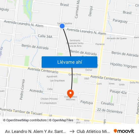 Av. Leandro N. Alem Y Av. Santa Catalina to Club Atlético Misiones map