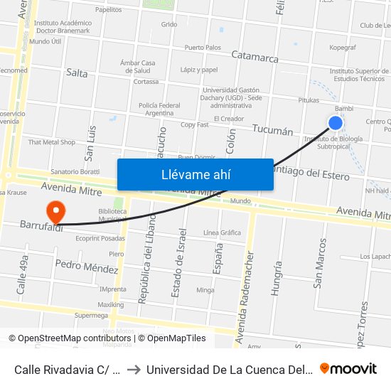 Calle Rivadavia C/ Calle Tucuman to Universidad De La Cuenca Del Plata - Sede Posadas map