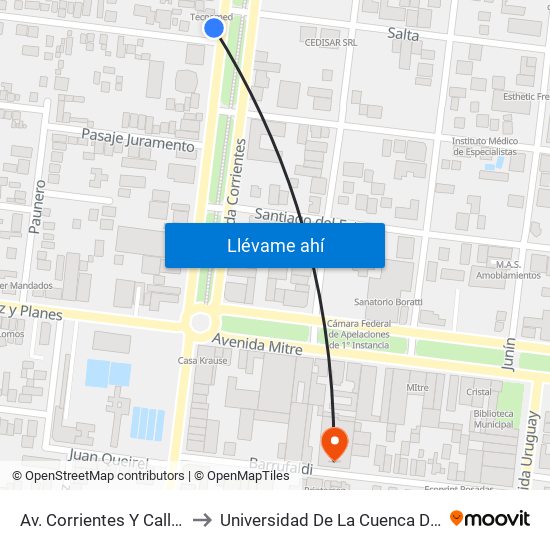 Av. Corrientes Y Calle Carlos Pellegrini to Universidad De La Cuenca Del Plata - Sede Posadas map